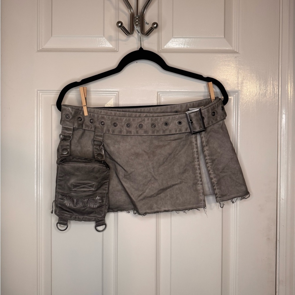 Edgy Gray Mini Skirt with Belt and Pouch